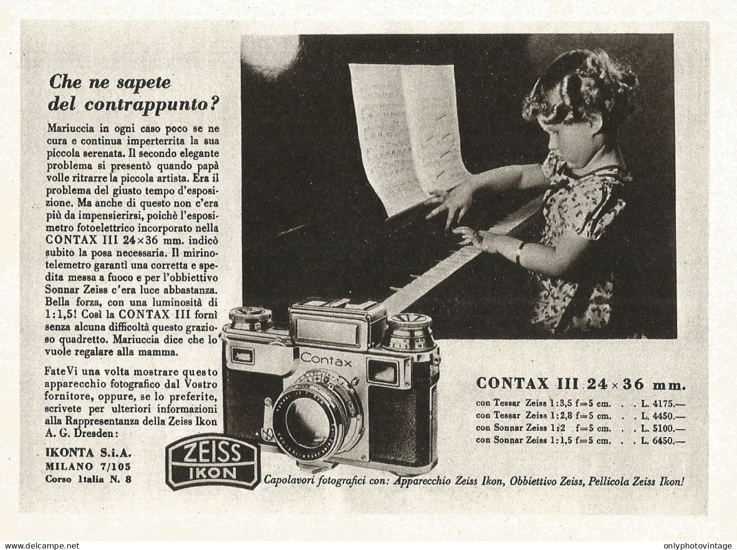 ZEISS IKON Contax III - Che Ne Sapete Del Contrappunto? - Pubblicità 1940 - Advertising