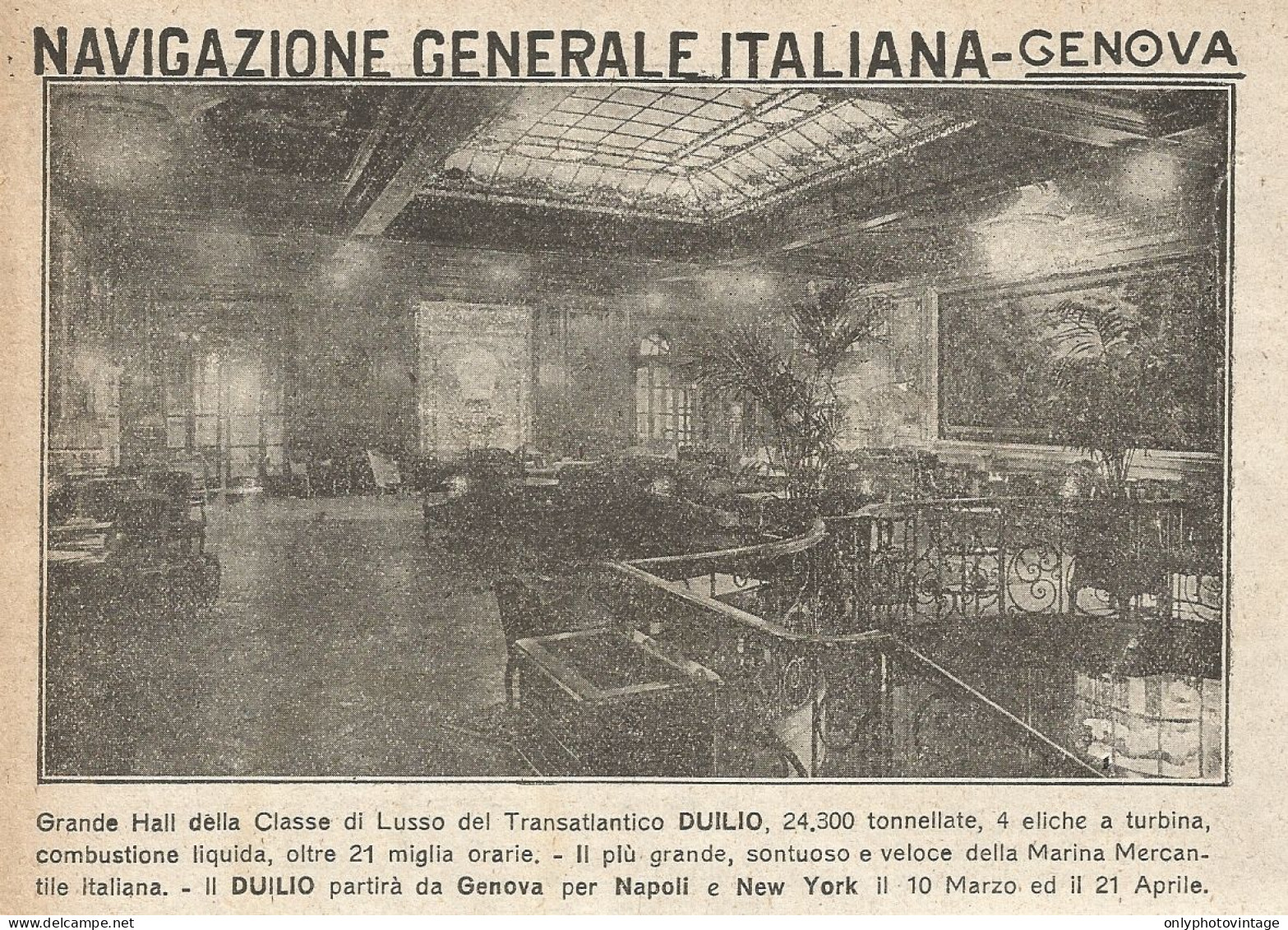 Transatlantico DUILIO - Grande Hall Classe Di Lusso - Pubblicità 1925 - Ad - Advertising