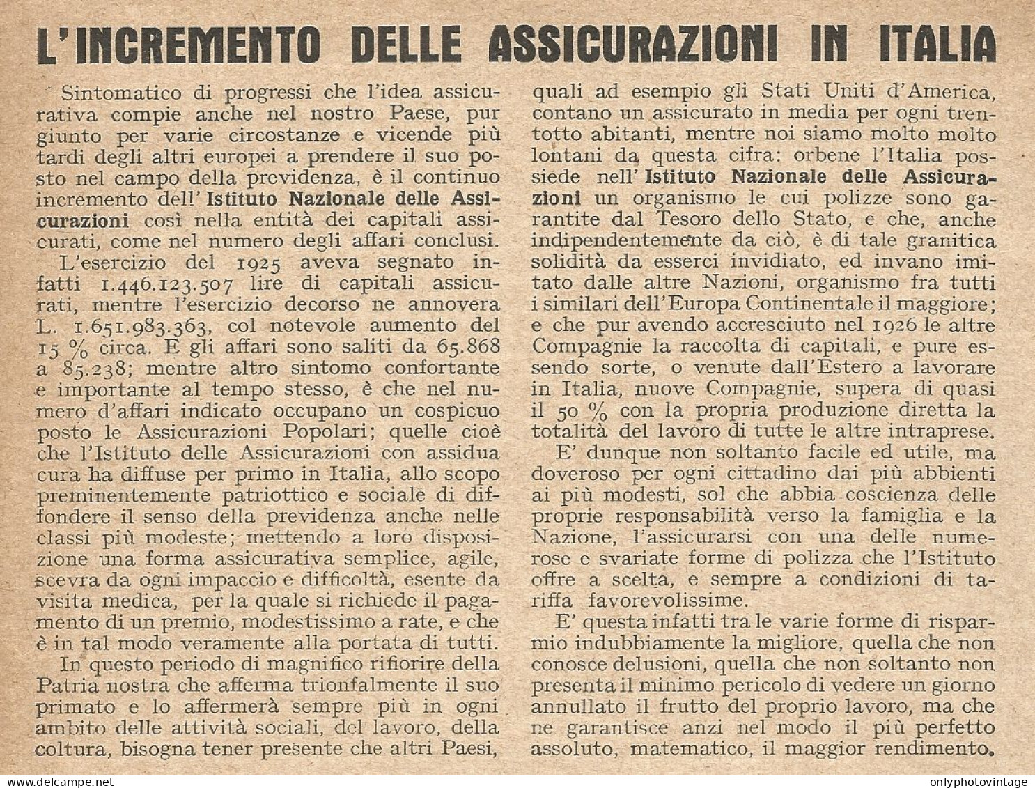 Istituto Nazionale Delle Assicurazioni - Pubblicità 1927 - Old Advertising - Publicités