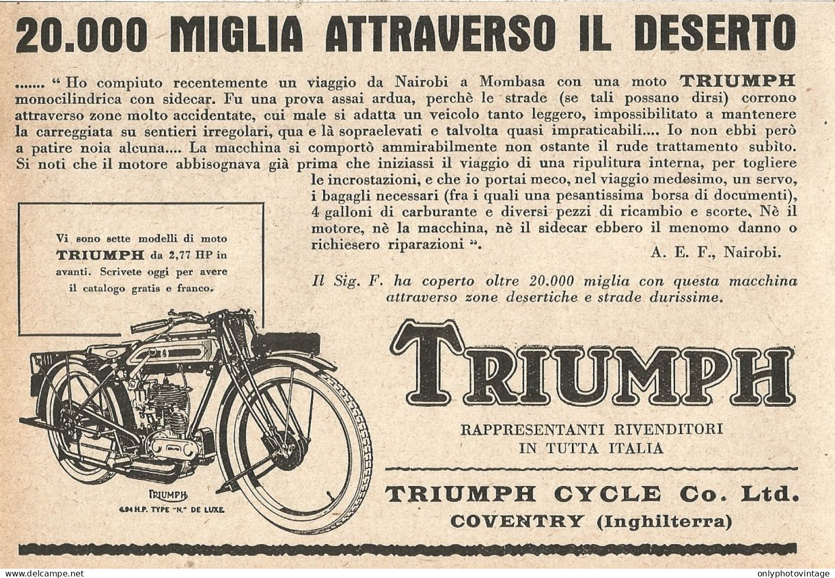 Moto TRIUMPH - 20.000 Miglia Attraverso Il Deserto - Pubblicità 1927 - Ad - Advertising