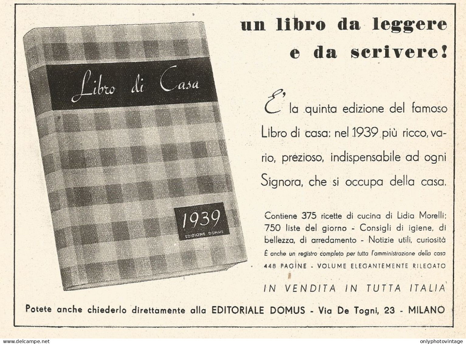Libro Di Casa - Editoriale Domus - Pubblicità Del 1938 - Old Advertising - Werbung