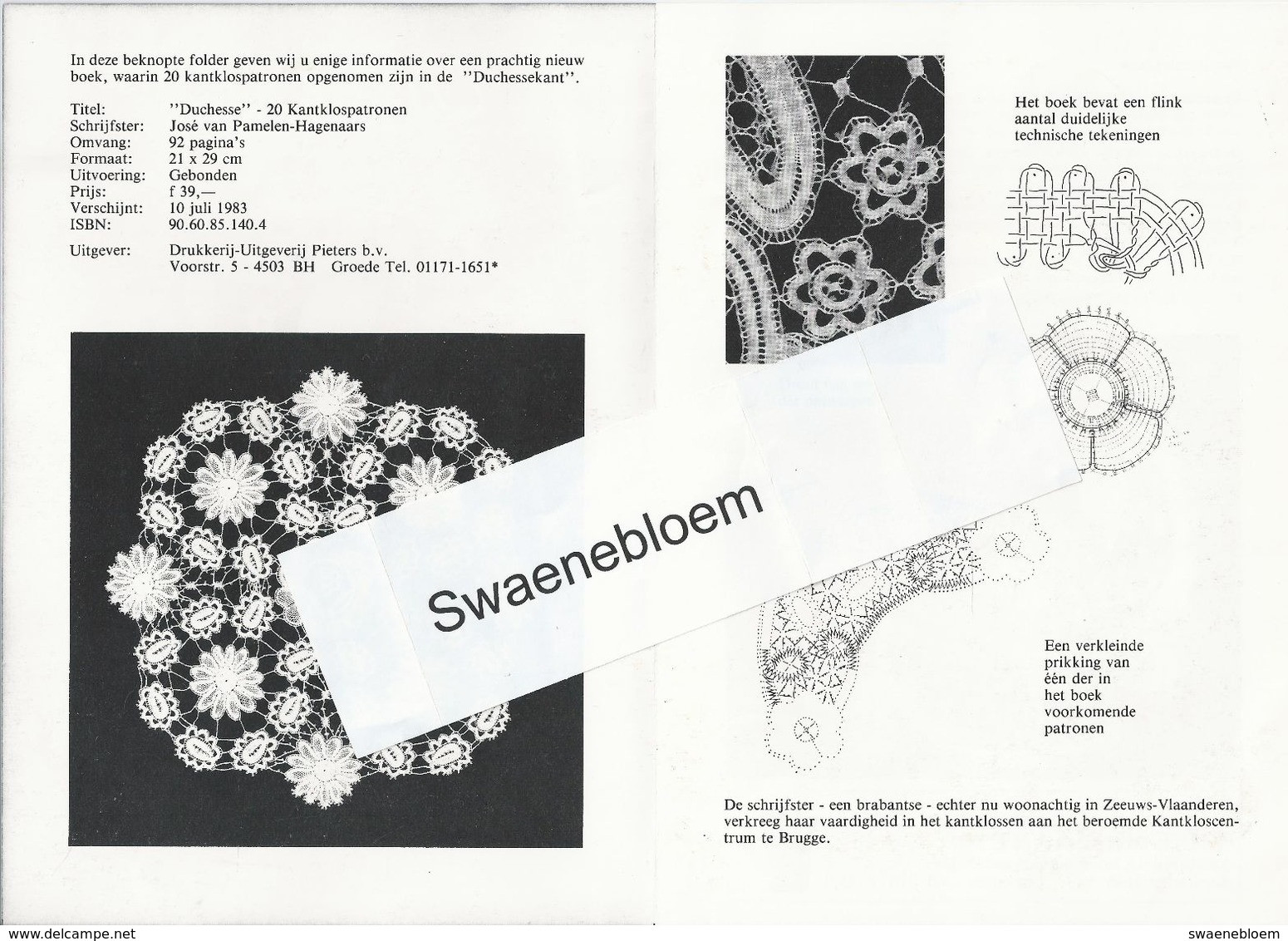 NL.- Reclame Folder Voor Het Boek - Duchesse -  20 Kantklospatronen José Van Pamelen-Hagenaars. - Werbung