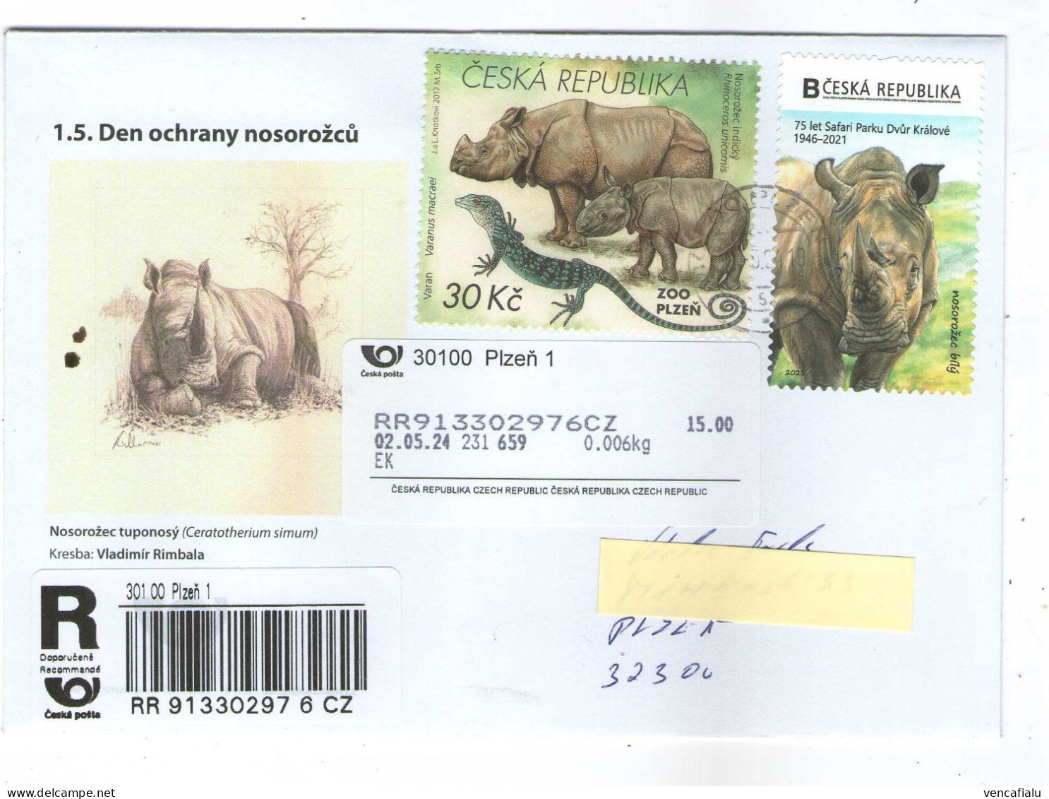 Czech Republic 2024 -  Rhino Protection Day, Special Cover, Apost, Personalised Stamp - Rhinozerosse