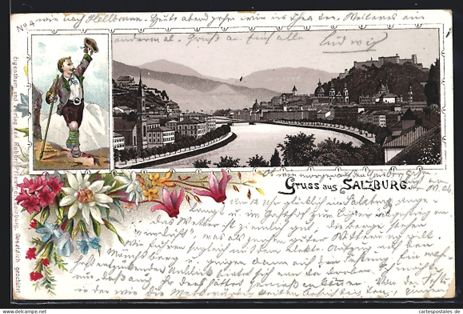 Vorläufer-Lithographie Salzburg, 1894, Panoramablick Auf Die Stadt, Grüssender Wanderer In Tracht  - Autres & Non Classés