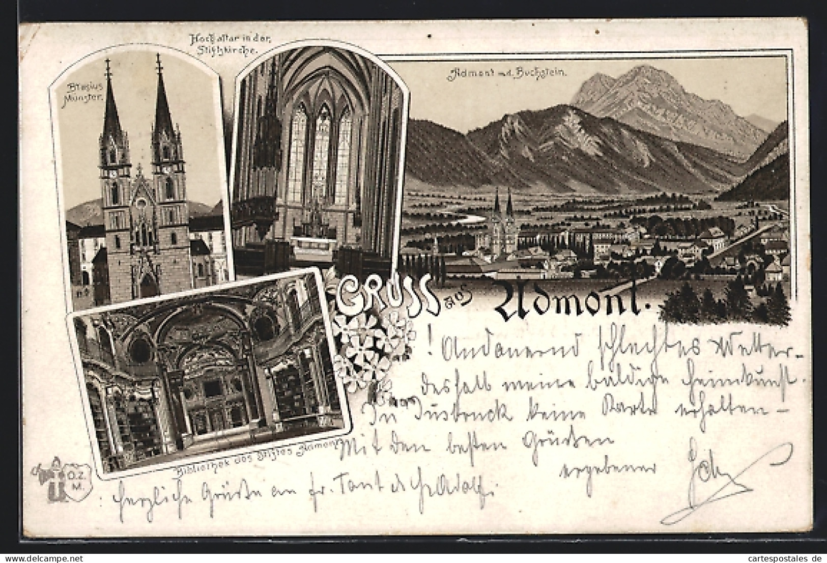 Vorläufer-Lithographie Admont, 1894, Bibliothek Des Stiftes Admont, Blasius Münster, Panorama  - Autres & Non Classés