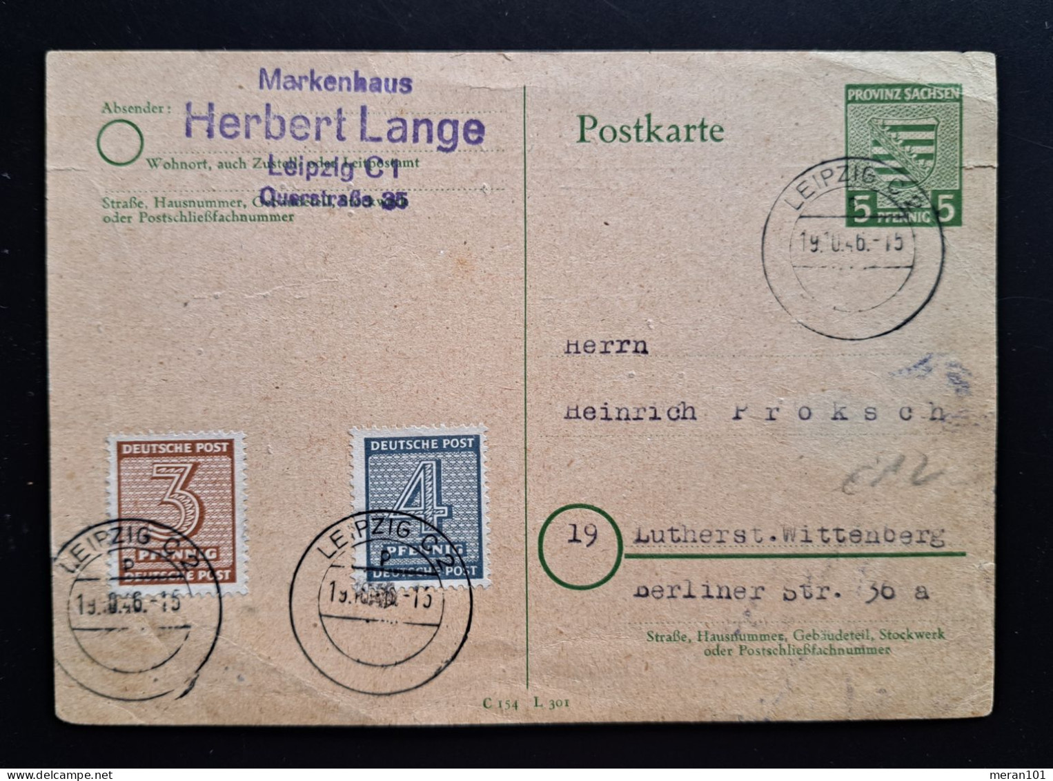 Sachsen 1946, Postkarte P9 Zusatzfrankatur LEIPZIG - Brieven En Documenten