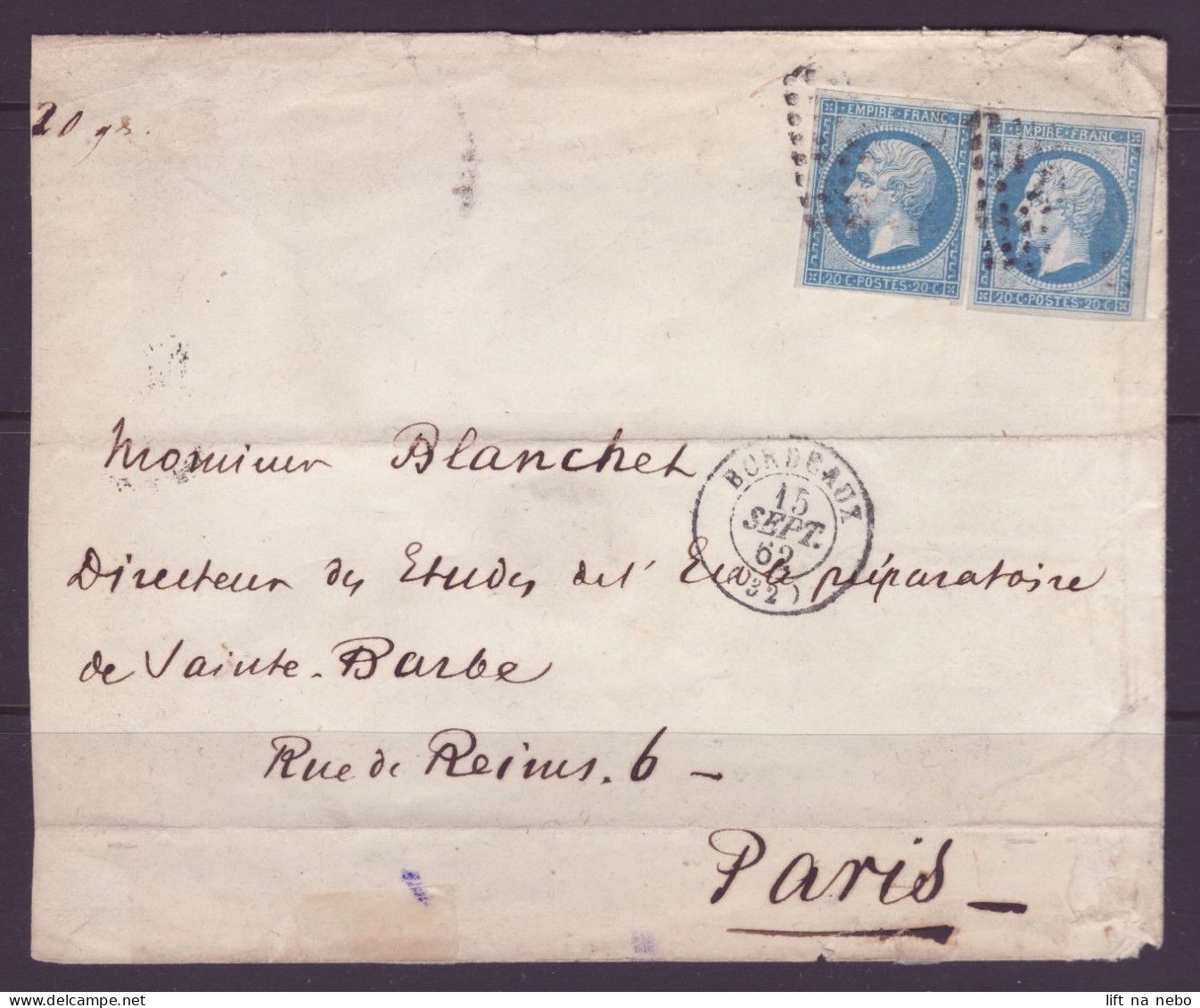 FRANCE 1853-1860 Two Stamps 20 C Bleu YT N°14 Type I And II On The Same Cover To Paris - 1853-1860 Napoleone III