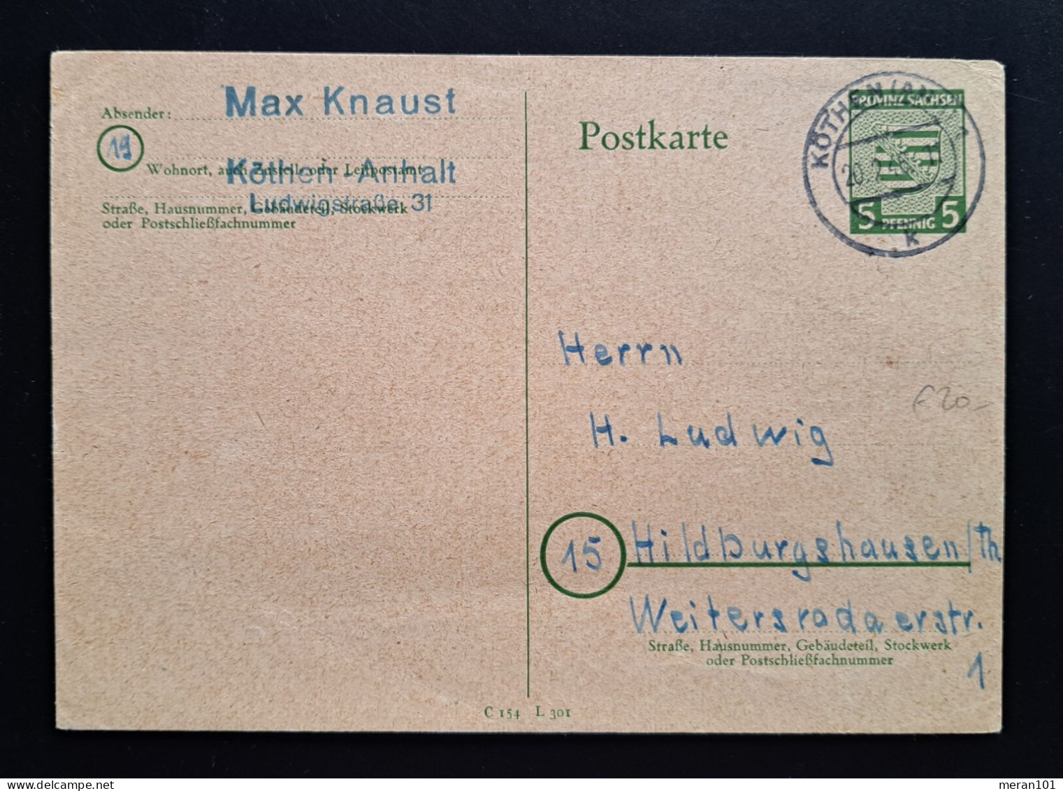 Sachsen 1946, Postkarte P9 Köthen-Anhalt - Briefe U. Dokumente