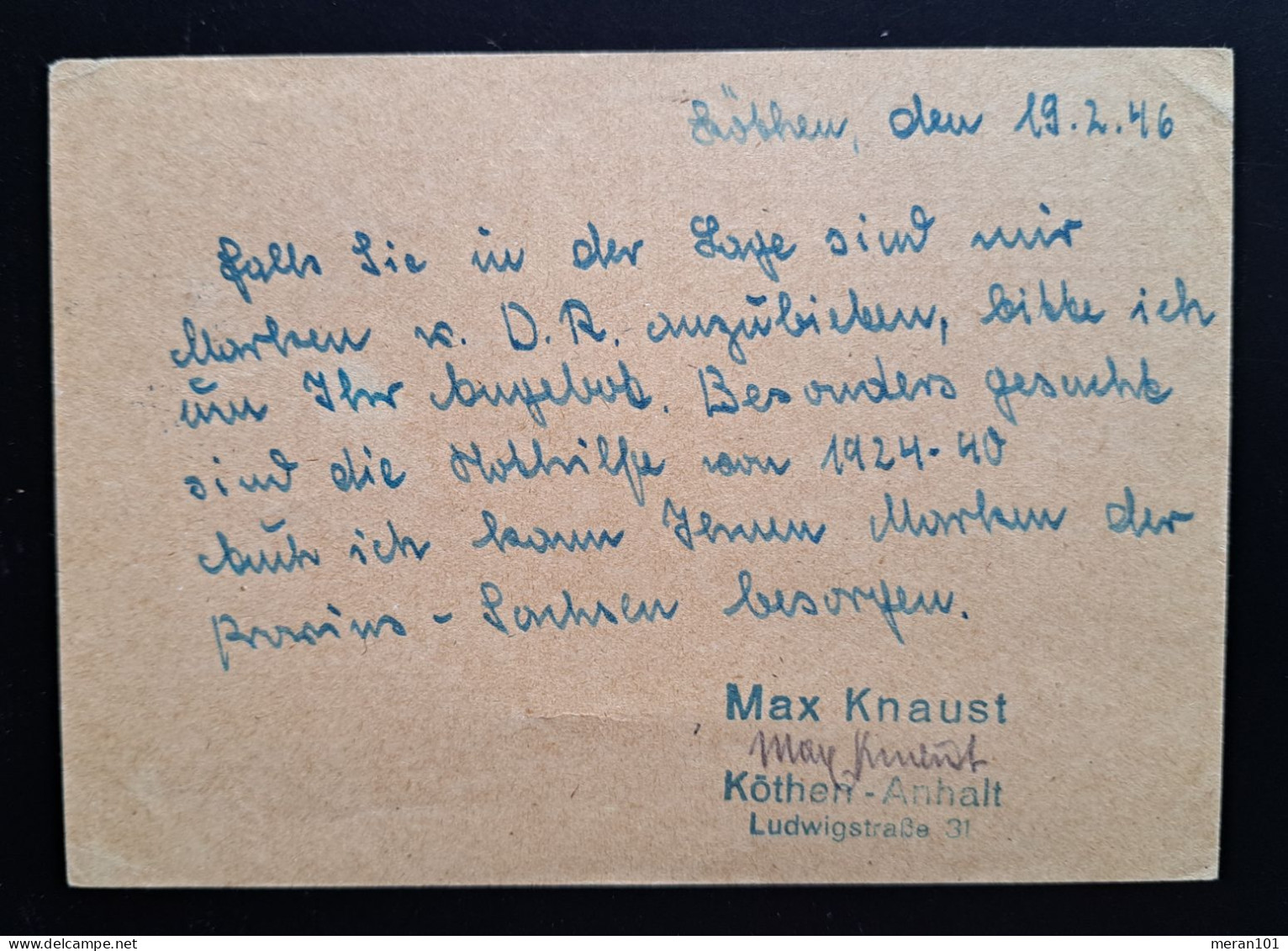 Sachsen 1946, Postkarte P9 Köthen-Anhalt - Briefe U. Dokumente