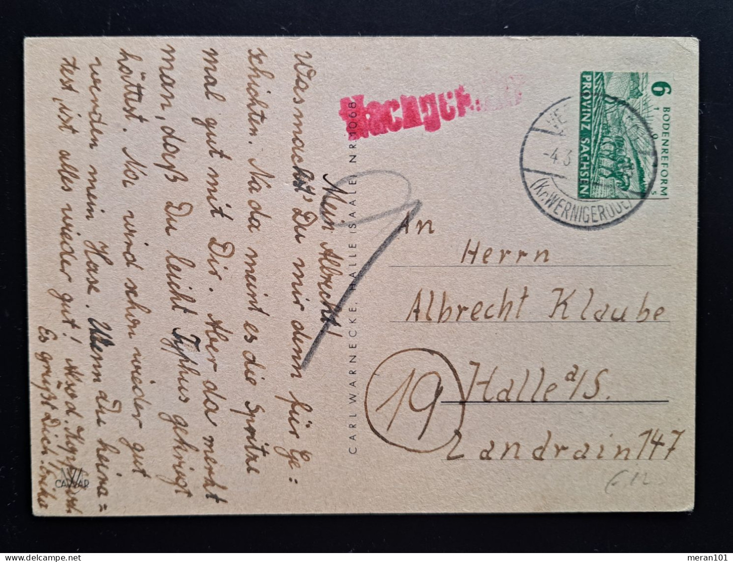 Sachsen 1946, Postkarte "Nachgebühr" - Briefe U. Dokumente