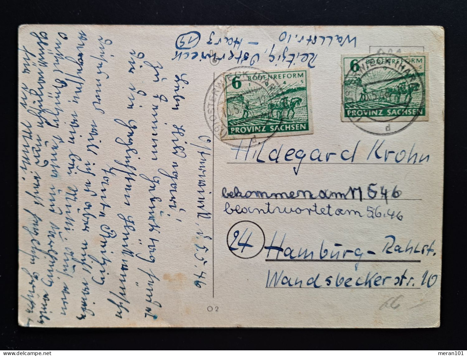 Sachsen 1946, Postkarte Osterwieck Mi 6 MeF Ost - Briefe U. Dokumente