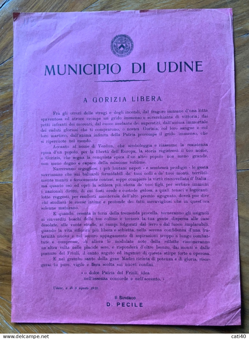MUNICIPIO DI UDINE - A GORIZIA LIBERA - UDINE 8 MAGGIO 1916  - IL SINDACO D.PECILE - Historische Dokumente
