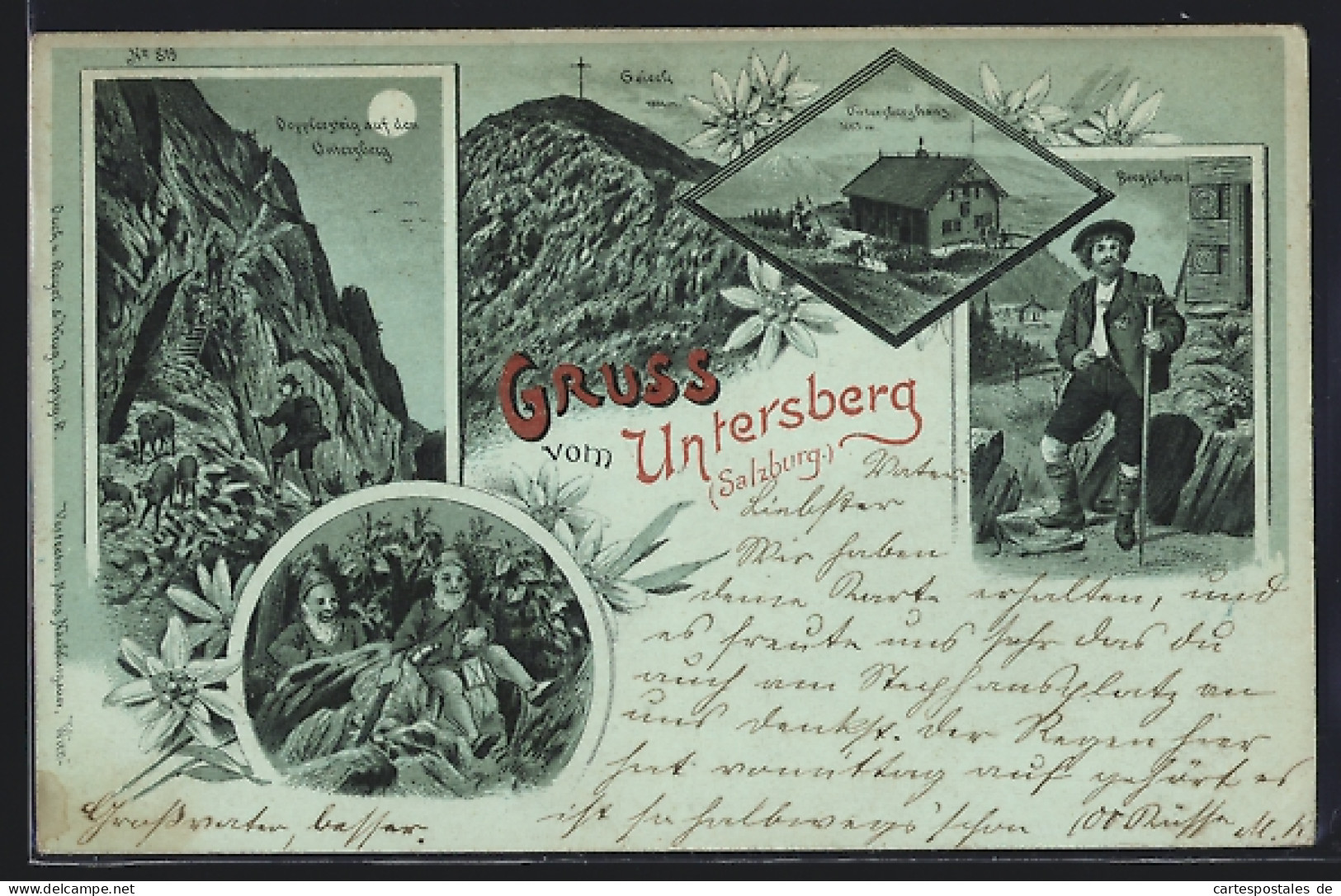 Mondschein-Lithographie Untersberghaus /Salzburg, Geieckspitze, Doppfersteig Auf Dem Unterberg, Bergführer  - Autres & Non Classés