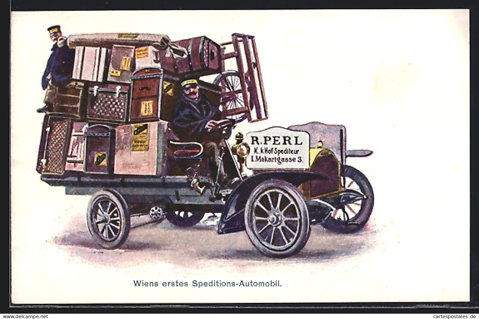 Künstler-AK Wien, Erster Speditions-Lastkraftwagen Von R. Perl, Makartgasse 3  - Camion, Tir