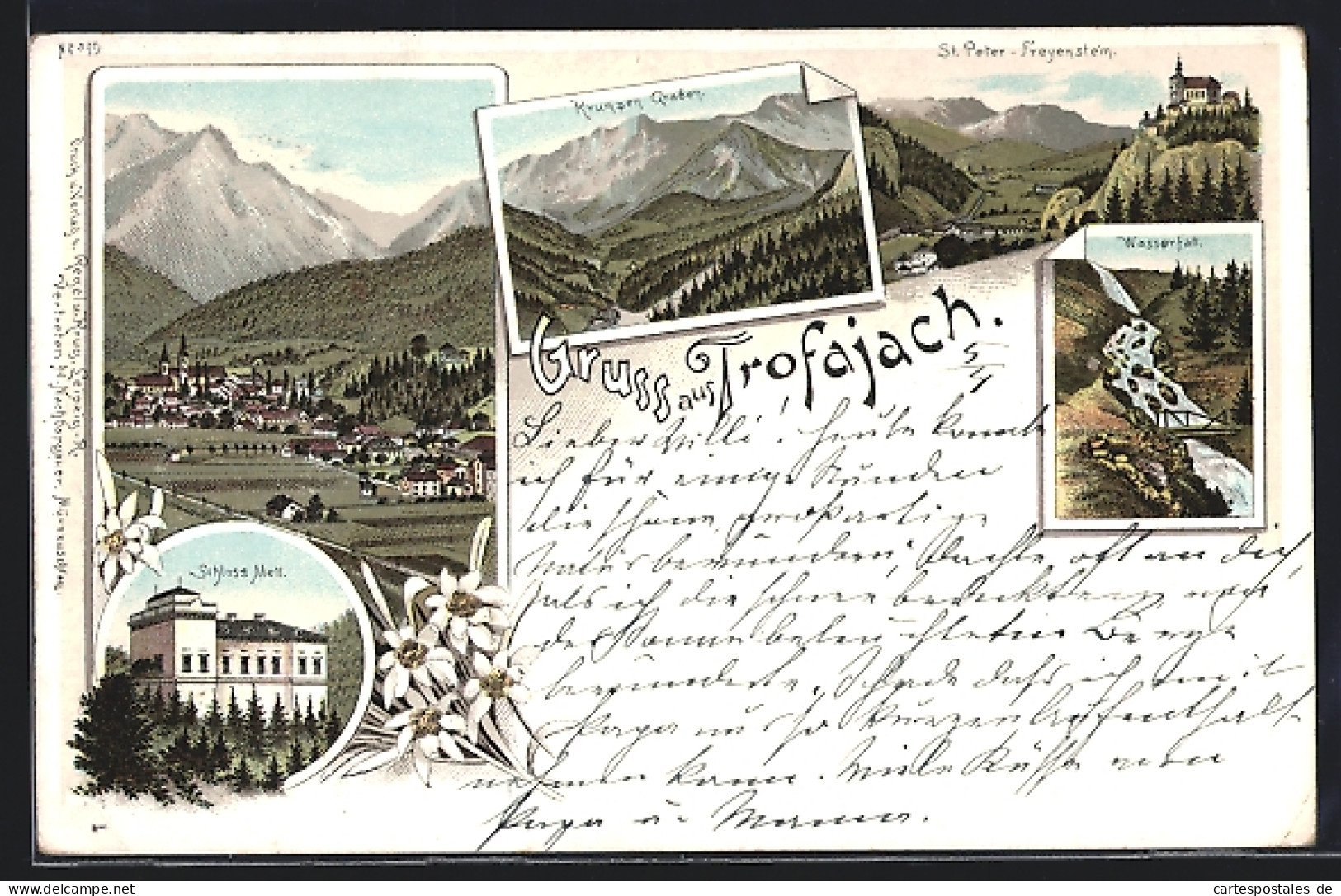 Lithographie Trofaiach, Wasserfall, Schloss Mell, Ortsansicht  - Sonstige & Ohne Zuordnung
