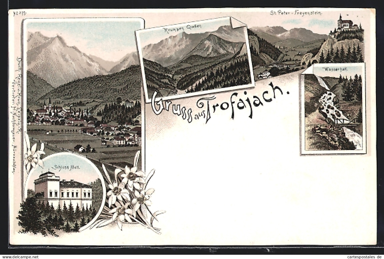 Lithographie Trofaiach, Schloss Mell, Wasserfall, Ortsansicht  - Andere & Zonder Classificatie