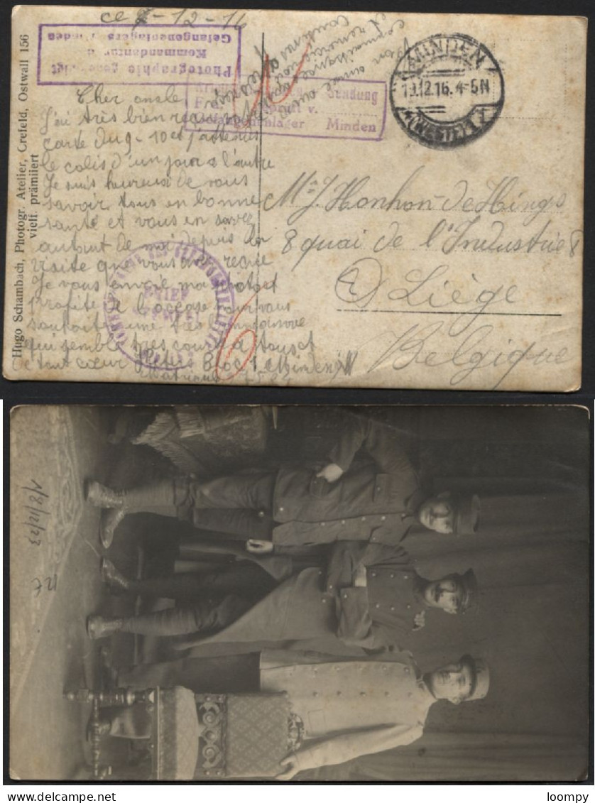 CP Prisonnier Belge MINDEN Vers Liège 1916 + Censure Et PHOTOGRAPHIE GENEHMIGT - Prisoners