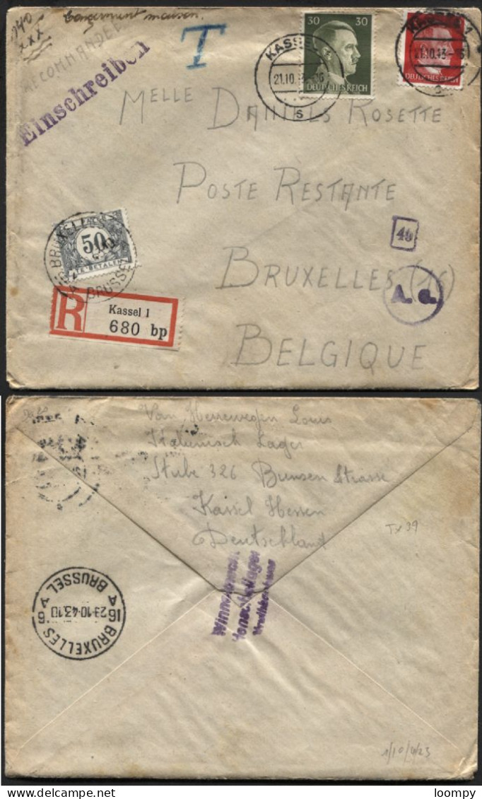 Lettre Avec Contenu De Prisonnier KASSEL En Poste Restante Taxe 39 Obl. BRUXELLES 1943 + Verso Henschellager - Guerra 40 – 45 (Cartas & Documentos)