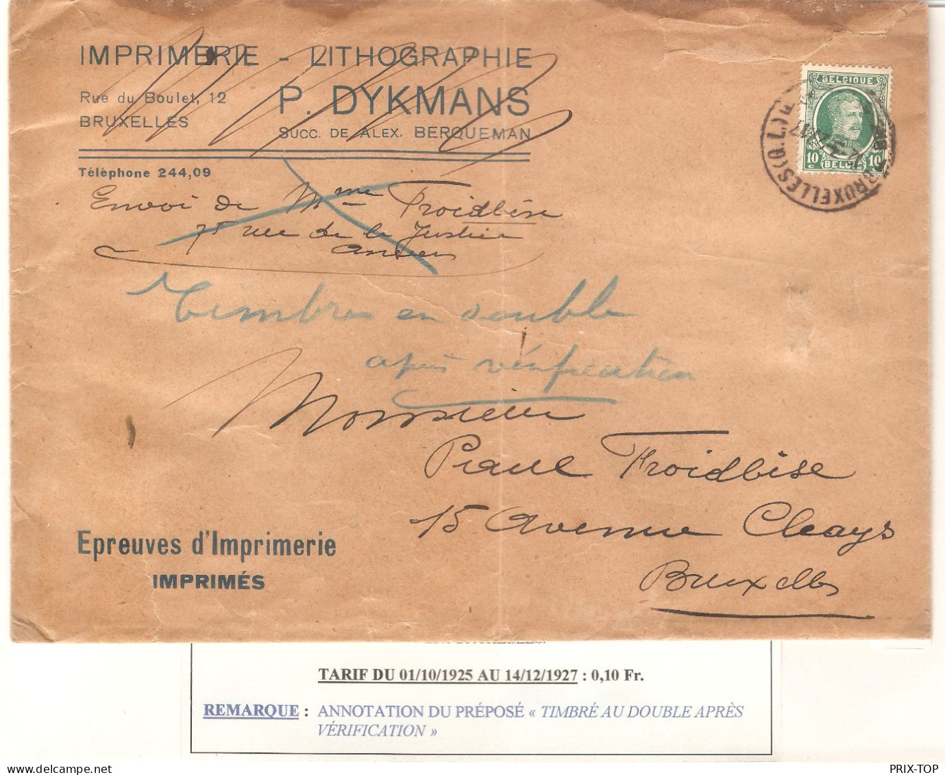 TP 194 Albert Houyoux Double Port S/L. Epreuves D'Imprimerie Tarif Imprimé Obl. BXL QL. 12/3/1927 > BXL - Brieven En Documenten