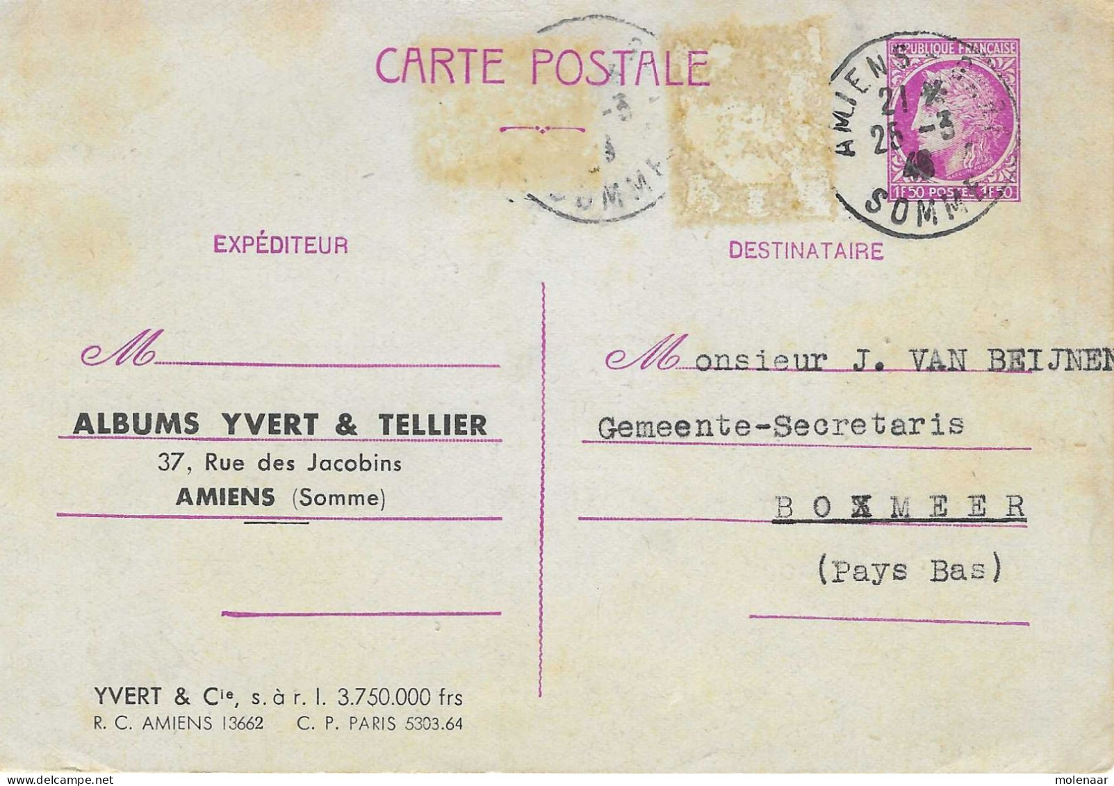 Postzegels > Europa > Frankrijk > Postwaardestukken > Briefkaart Gebruikt 1946 (17418) - Sobres Tipos Y TSC (antes De 1995)