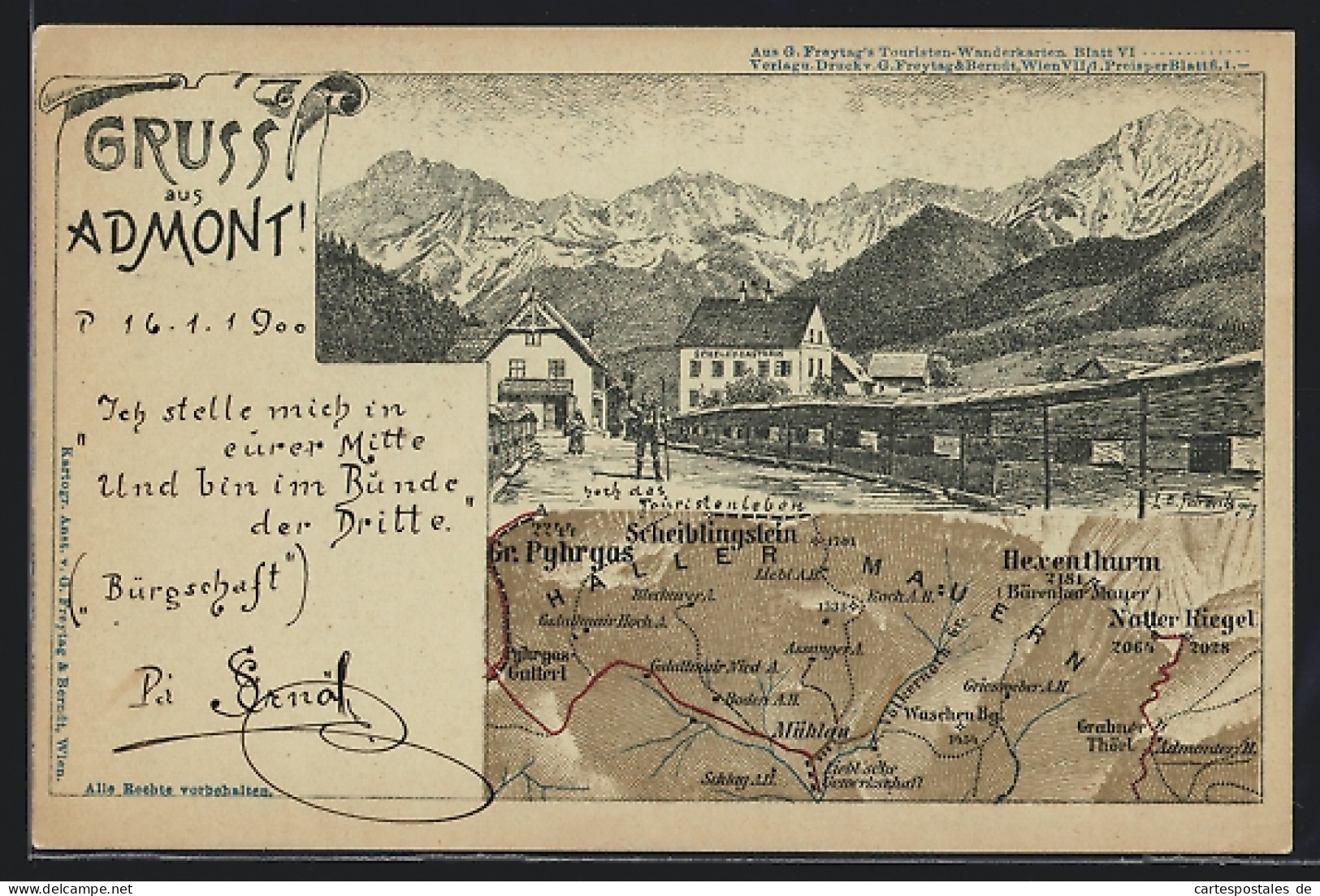 Lithographie Admont, Schells Gasthaus, Landkarte  - Sonstige & Ohne Zuordnung