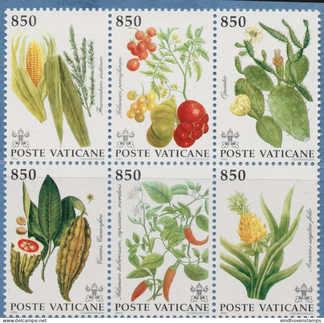 Vatican 1992 Plants From America 6-block MNH Mais, Tomato, Cacao, Paprika, Ananas, Cacti - Landwirtschaft