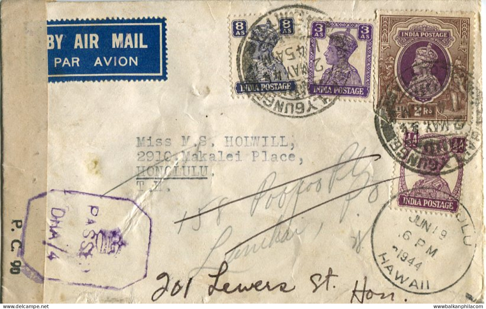 1944 India Ballygunge To Hawaii Redirected - Sonstige & Ohne Zuordnung