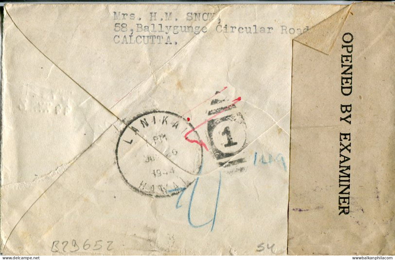 1944 India Ballygunge To Hawaii Redirected - Otros & Sin Clasificación