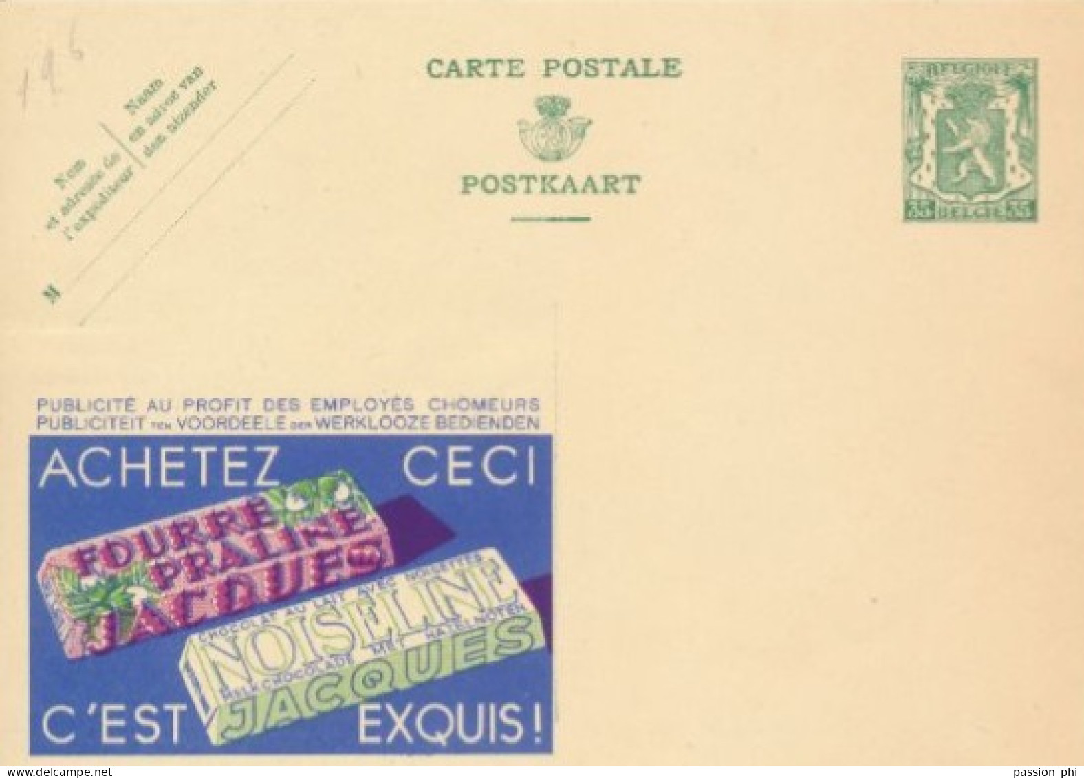 BELGIUM PPS 30C GREEN "SCEAU D'ETAT" SBEP 5 PUBLIBEL 196 CHOCOLAT JACQUES UNUSED - Werbepostkarten