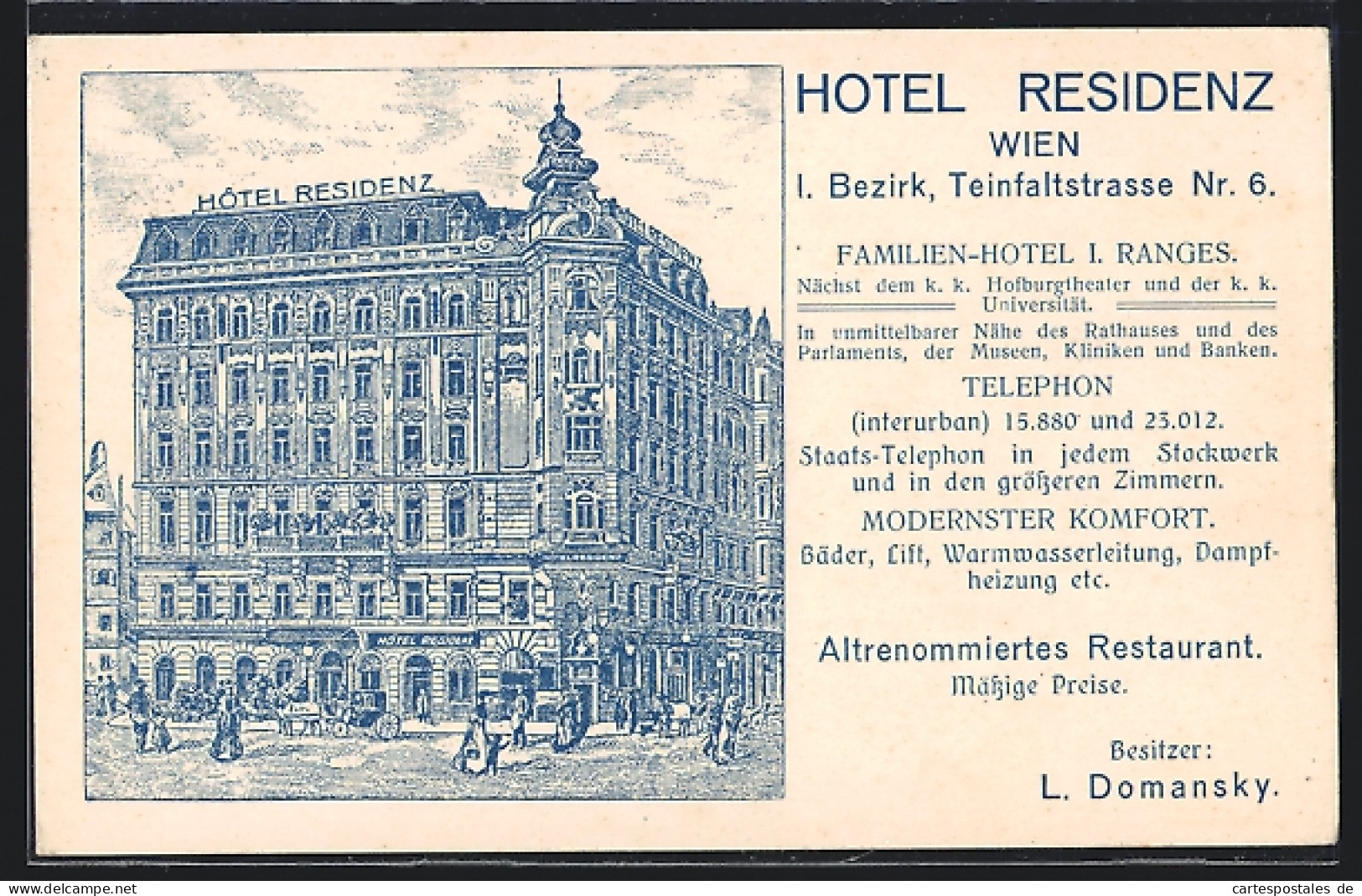 Künstler-AK Wien, Hotel Residenz, Bes. L. Domansky, Teinfaltstrasse 6  - Autres & Non Classés