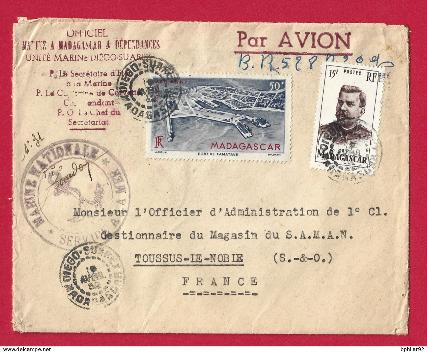 !!! MADAGASCAR, LETTRE PAR AVION DE DIEGO-SUAREZ POUR LA FRANCE DE 1952, CACHET MARINE NATIONALE SERVICE À LA MER - Luchtpost