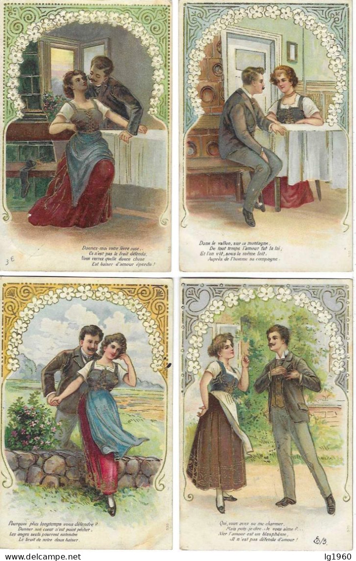 4 X Couple Amoureux - 4 X Verliefd Koppel -  Cpa Gaufrées -  Reliefkaarten - Couples