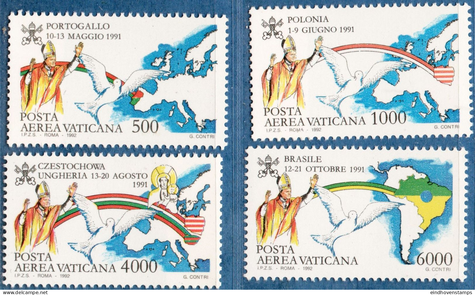 Vatican 1992, Papal World Visits 4 Values MNH Portugal, Poland, Czechoslovakia, Brasilia - Christentum