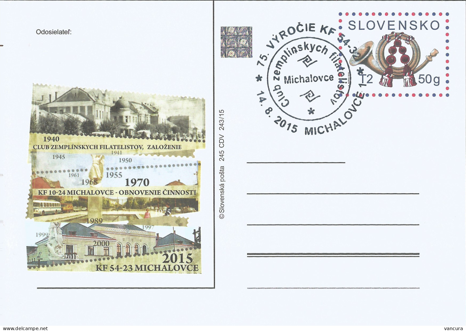 CDV 245 Slovakia Post Horn Michalovce Stamp Collectors Club 2015 - Correo Postal