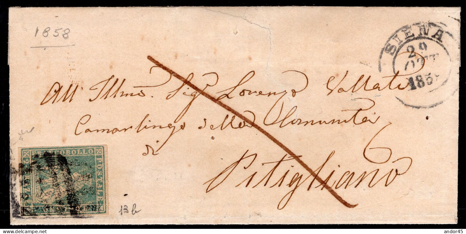 1858 29 OTTOBRE 2 Cr. SASS 13b CON OTTIMI MARGINI SU PIEGO DI LETTERA DA SIENA PER PITIGLIANO FIRMA CHIAVARELLO RARA Cv - Toscana