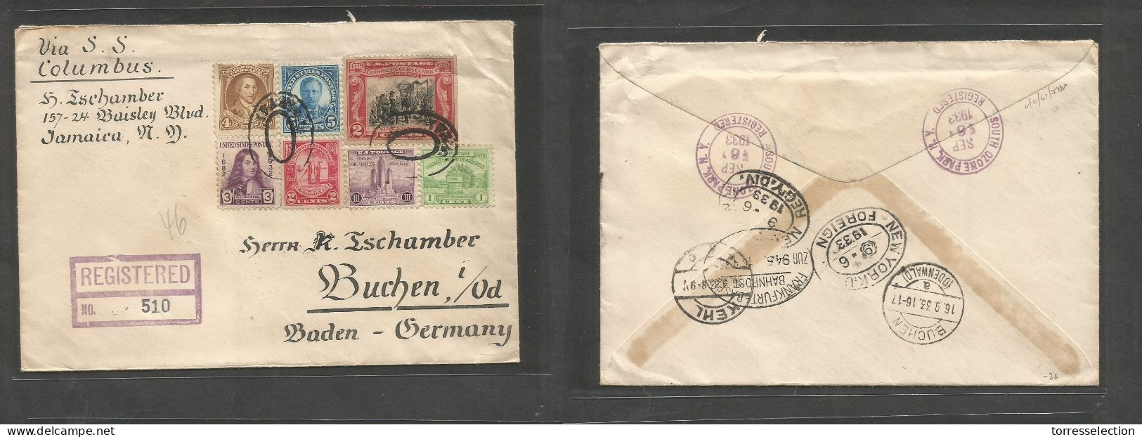 USA - XX - 1933 (6 Sept) South Ozone Park, NY - Germany, Buchen (16 Sept) Registered Multifkd Envelope At 20c Rate. Endo - Andere & Zonder Classificatie