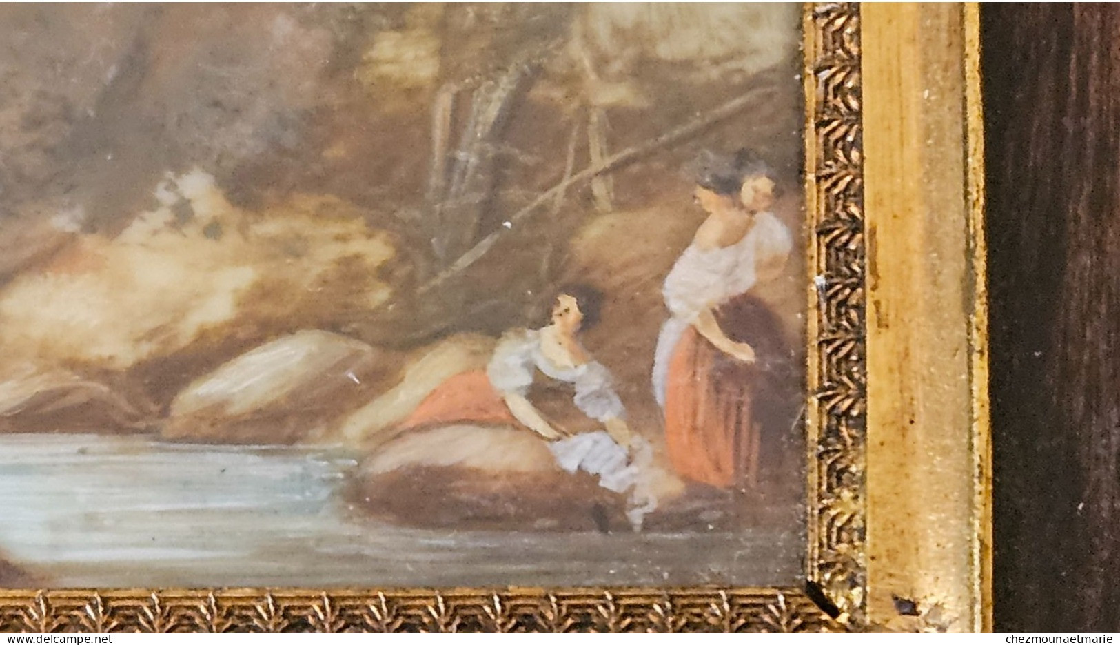 Peinture à L'huile Scène Bord De L'eau Garçon Et Femmes Colombe Signé BOUCHER ? Taille Cadre 13,5x11,5 Cm. - Oelbilder