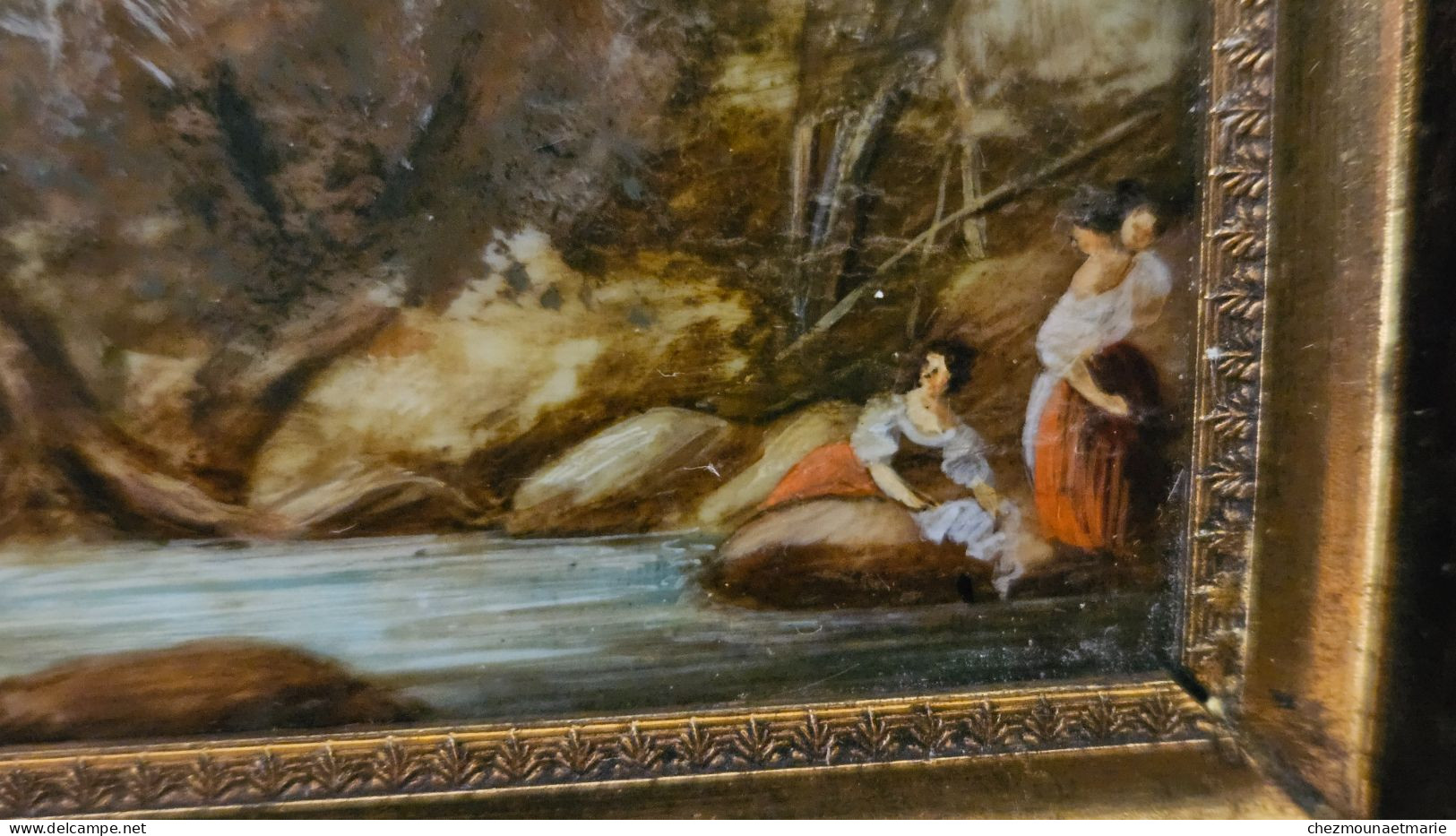 Peinture à l'huile scène bord de l'eau garçon et femmes colombe signé BOUCHER ? taille cadre 13,5x11,5 cm.