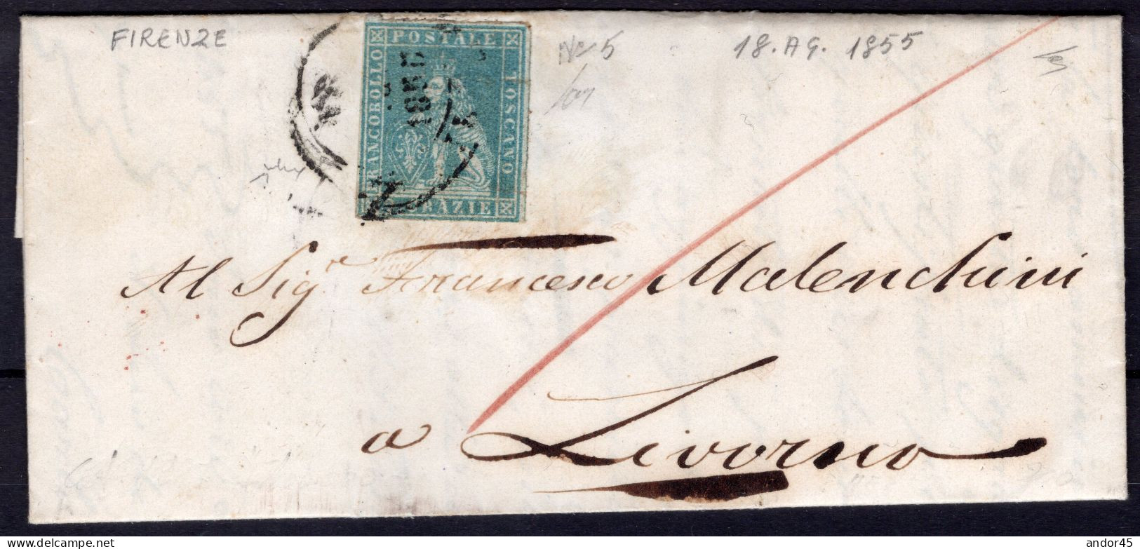 1855 18 AGOSTO 2 Cr. SASS 5 BEN MARGINATO SU PIEGO DI LETTERA CON TESTO DA FIRENZE PER LIVORNO FIRMA CHIAVARELLO RARA Cv - Toskana