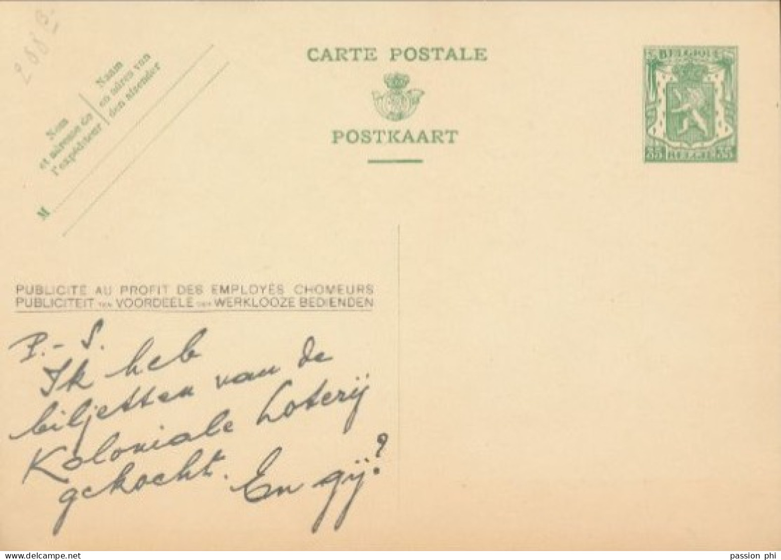 BELGIUM PPS 30C GREEN "SCEAU D'ETAT" SBEP 5 PUBLIBEL 208A KOLONIALE LOTERIJ UNUSED - Werbepostkarten