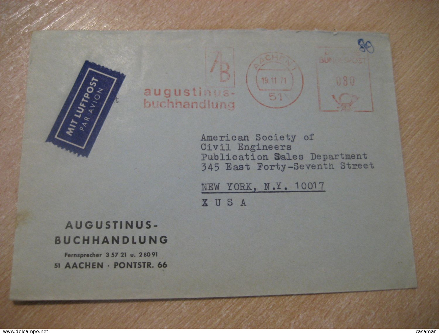 AACHEN 1971 To USA Augustinus Buchhandlung Bookstore Bookshop Meter Air Mail Cancel Cover GERMANY - Briefe U. Dokumente