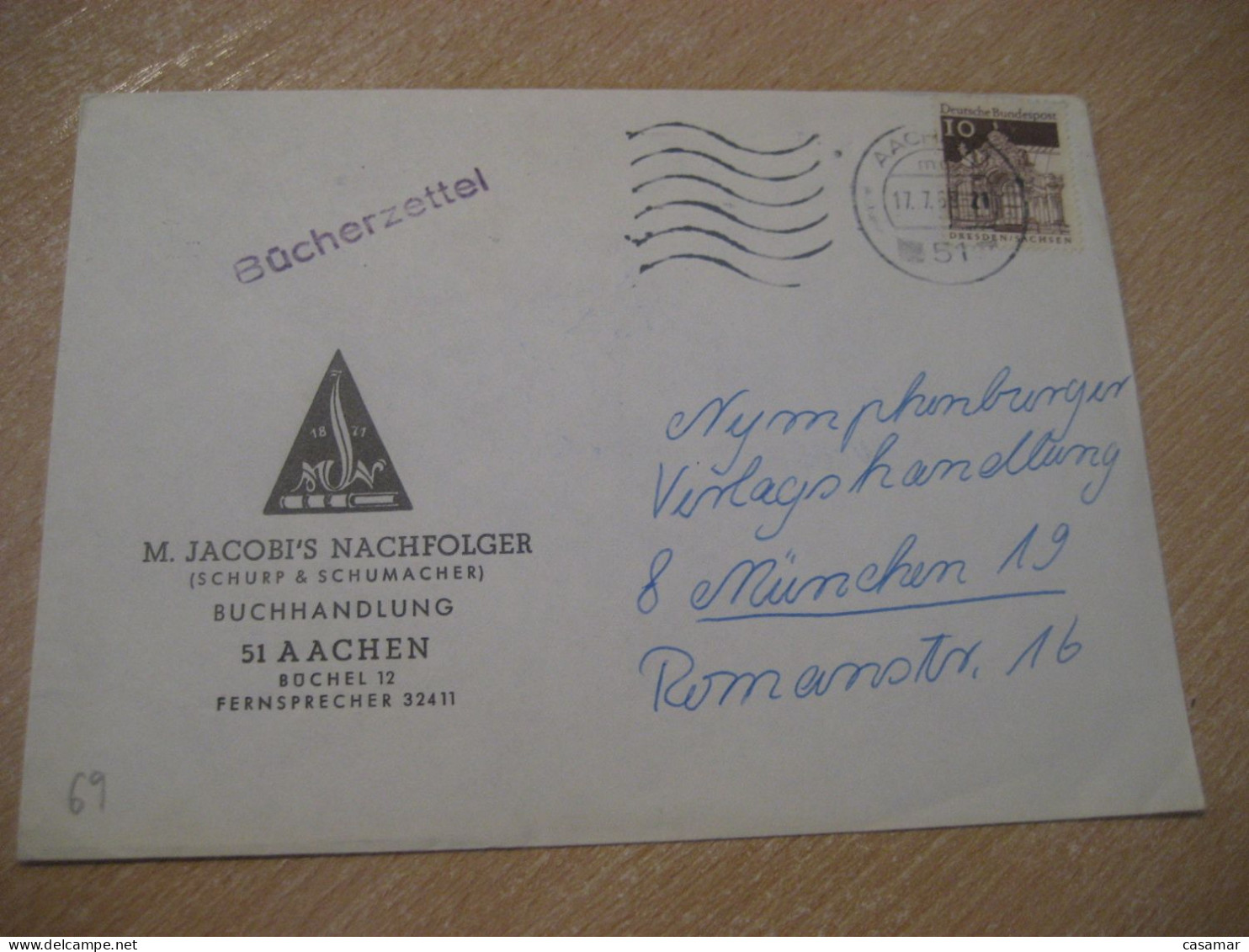 AACHEN 1969 To Munchen Cancel JACOBI Bookstore Bookshop Cover GERMANY - Covers & Documents