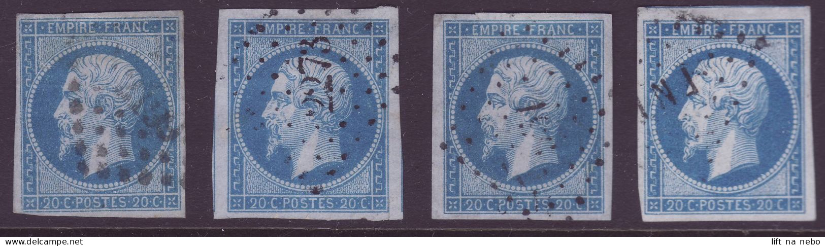 FRANCE 1853-1860 Four Stamps 20c Bleu Sur Azuré YT N°14Ac - 1853-1860 Napoléon III