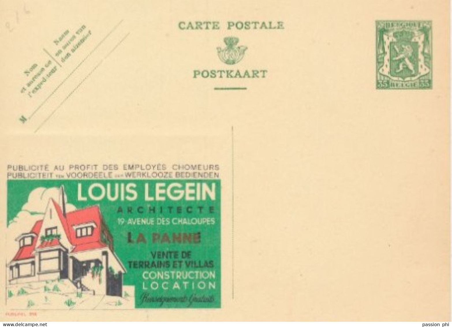 BELGIUM PPS 30C GREEN "SCEAU D'ETAT" SBEP 5 PUBLIBEL 216 LEGEIN VILLAS UNUSED - Publibels