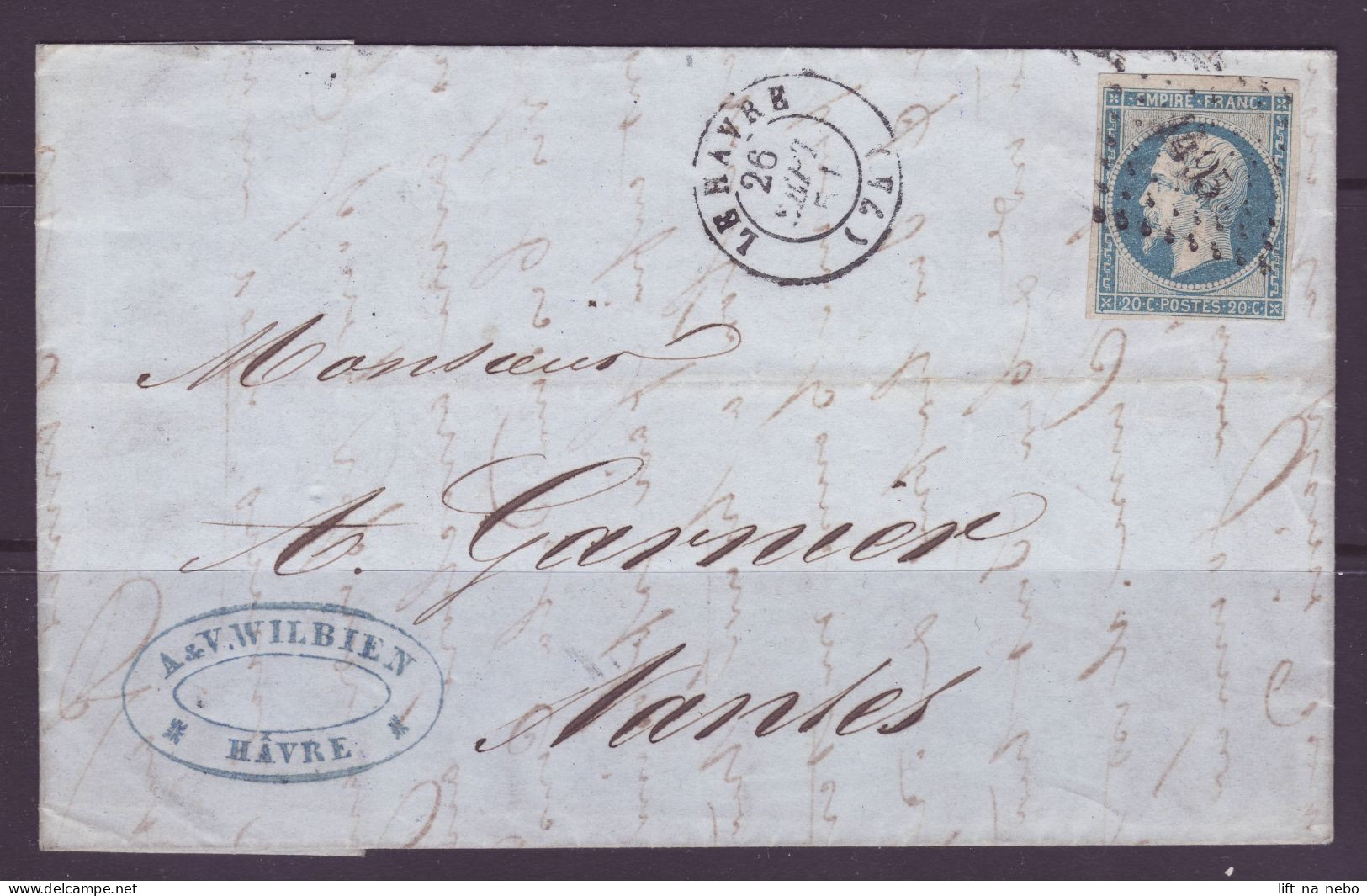 FRANCE 1853-1860 Stamp 20c Bleu Clair YT N°14 On The Cover - 1853-1860 Napoléon III