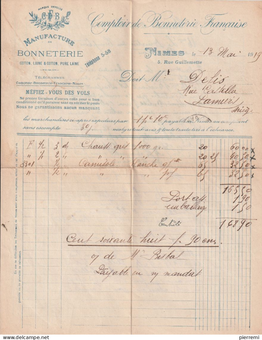 NIMES  VEUVE LLODRES  COMPTOIR DE LA BONNETERIE FRANCAISE  1919 - Other & Unclassified