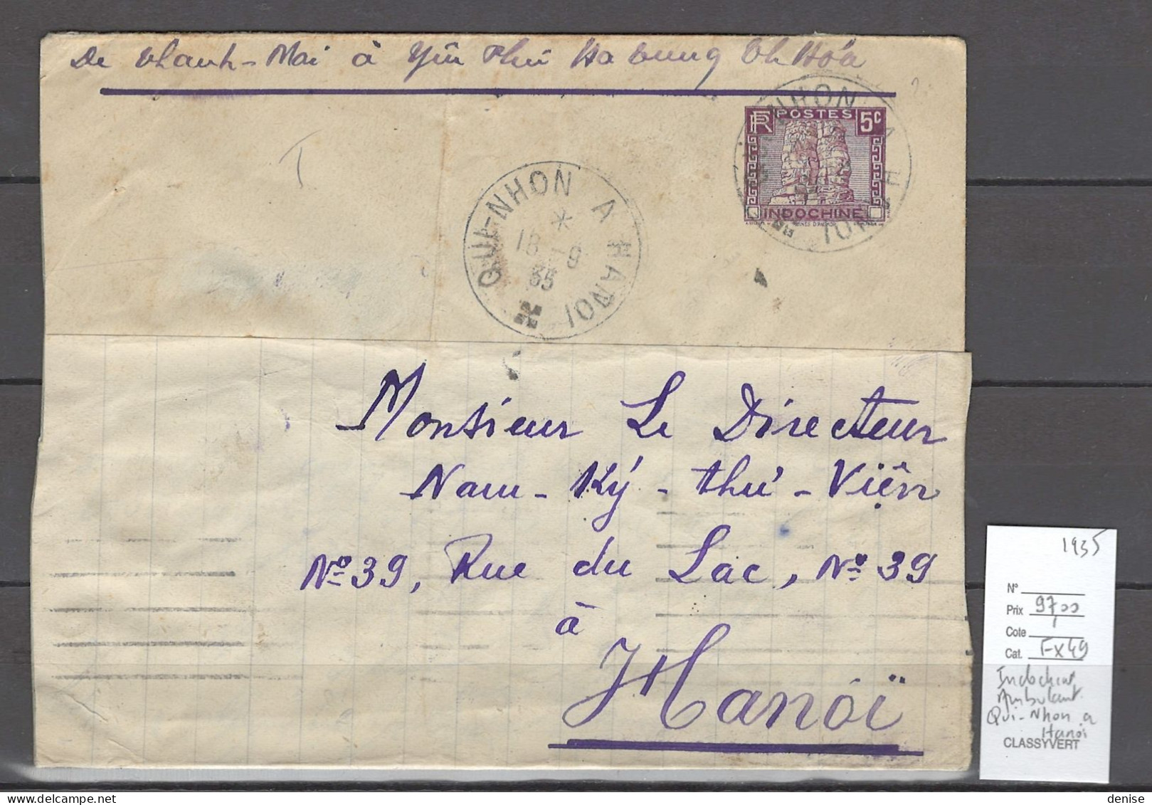 Indochine - Lettre -  Ambulant Qui-Nhon à Hanoi - 1935 - Storia Postale