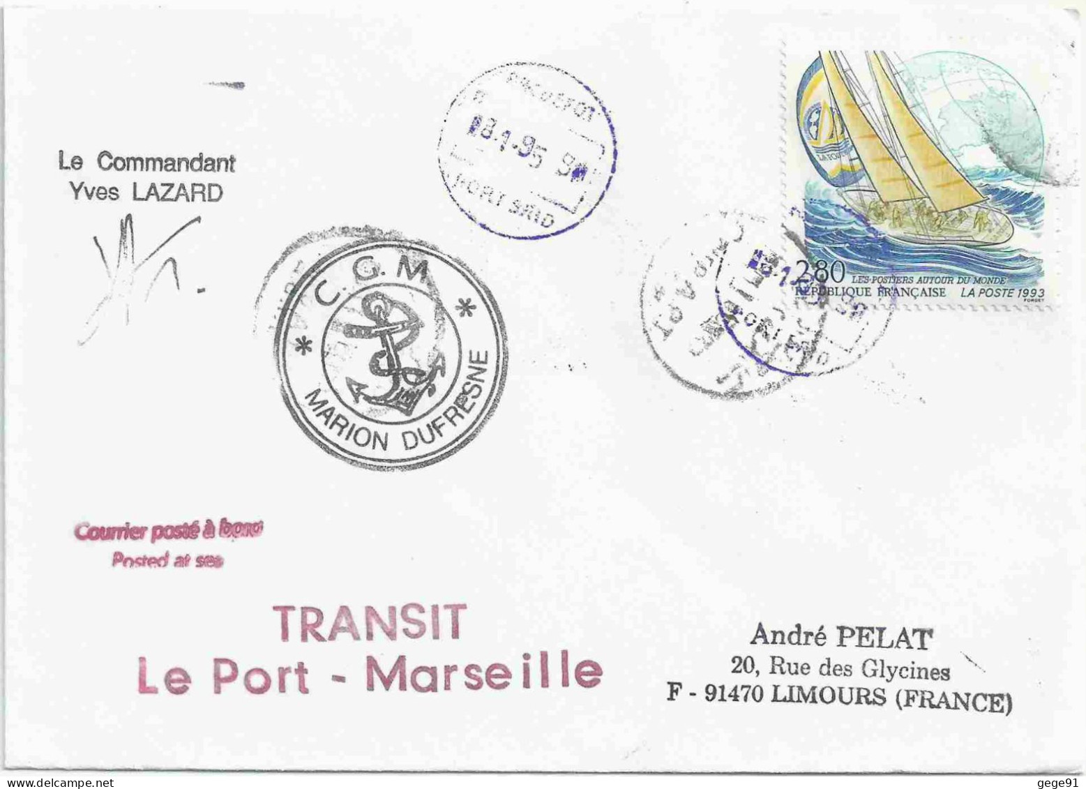 YT 2831 Course Autour Du Monde à La Voile - Posté à Bord Du MD - Escale à Port Saïd - 08/01/1995 - Briefe U. Dokumente