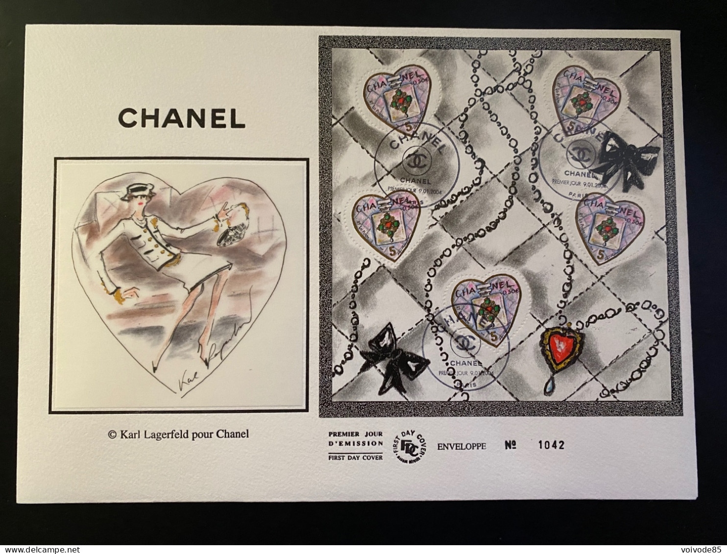 Enveloppe 1er Jour GF Soie "Saint Valentin - Coeurs - Chanel" - 09/01/2004 - BF66 - 3632/3633 - Karl Lagerfeld - 2000-2009