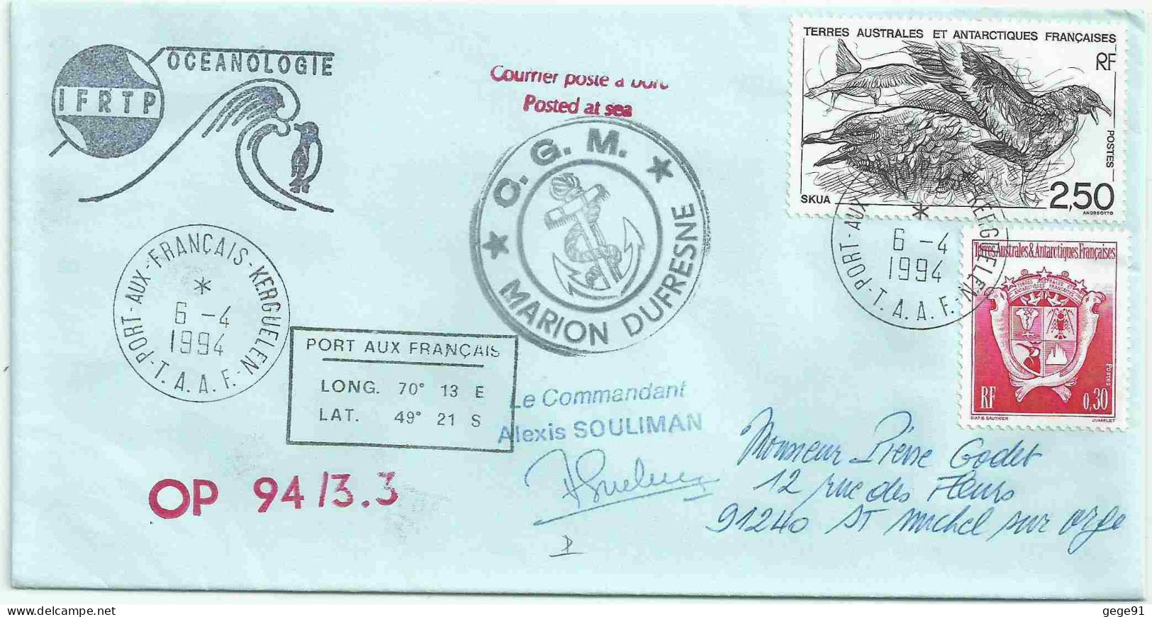 YT 176 Skua - Posté à Bor Du MD - Port Aux Fançais - Kerguelen - 06/04/1994 - Cartas & Documentos